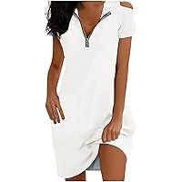 Womens Summer Cold Shoulder Dresses 2024 Plus Size Casual Short Sleeve T Shirt Dress Ladies Sexy Zip V Neck Dress