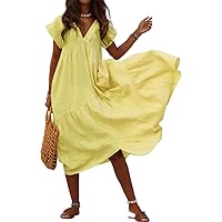 Women's Cotton Linen V Neck Tunic Dresses Summer Casual Loose Short Sleeve Flowy Swing Midi Dress Plus Size