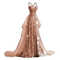 Spaghetti Straps Sequin Prom Dresses Ball Gown Tulle Princess Formal Evening Party Dress with Slit