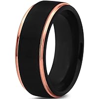 Tungsten Wedding Band Ring 8mm for Men Women 18k Yellow/Rose Gold Plated Step Edge Black Brushed Polished