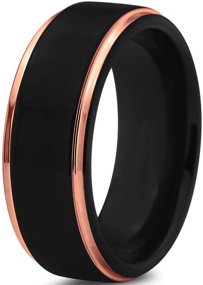 Midnight Rose Collection Tungsten Wedding Band Ring 8mm for Men Women 18k Rose Gold Plated Step Edge Black Brushed Polished Size 12.5