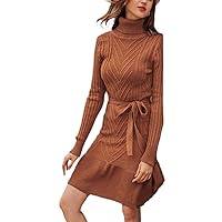 Casual Turtleneck Women Knitted Dress Autumn Winter Long Sleeve Lace Up Dress Elegant Female Sweater Dress