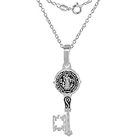 Sterling Silver Saint Benedict Medal Key Medal Handmade 1 5/8 inch (41mm) Wide 2mm Cable Chain