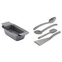 Rachael Ray Bakeware Meatloaf/Nonstick Baking Loaf Pan with Insert, 9 Inch x 5 Inch, Gray & Cucina Nylon Nonstick Tools Set, 4-Piece, Sea Salt Gray