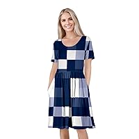 Women's Short Sleeve Empire Knee Length Dress Blue Squares