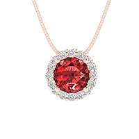 1.35 ct Round Cut Natural Scarlet Red Garnet Pave Halo Solitaire Pendant Necklace With 16