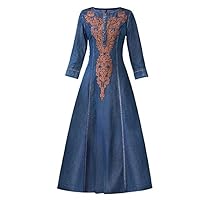 Vintage Women Long Mid-Calf Denim Chinese Style Embroidery Half Sleeve Dress