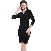 Women Solid Back Zipper Dress Front Ruched Half Sleeve V Neck Knee Length Party Cocktail Work Office Skirt