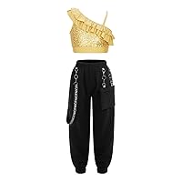 FEESHOW Kids Girls Two Piece Sequin Crop Top with Athletic Cargo Pants Outfit Sweatsuits Tracksuit Dancewear Activewear