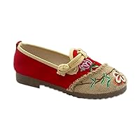 Women and Ladies Chinese Embroidery Slip-on Frog Linen Loafers Flat Shoe Red