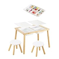Beright Kids Table and Chair Set, a White Storage Tray with Compartments Included, Indoor Sensory Table with 2 Chairs and 3 Storage Bins, Play Sand Water Table for Toddlers, Wooden Activity Table