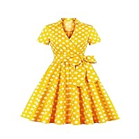 Polka Dot Print Vintage Tea Dresses for Women V-Neck Short Sleeve Belted Long Dress