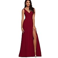 V Neck Bridesmaid Dresses Long Split Chiffon Pleated Wedding Evening Prom Gown for Women Wine Red Size 2