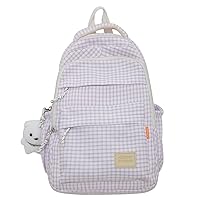 Striped Canvas Backpack with Cute Accessories Lightweight Shoulder Bag Casual Travel Daypack (Purple)