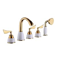 Shower System 5 Hole Roman Tub Filler with Hand Shower, Widespread Tub Deck Mounted Faucet Tub Mixer Tap with Handheld Shower Bathtub Faucet Set,Gold