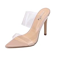 vivianly Clear Pointed Toe Heels Sandals Transparent Strap Stiletto High Heels Slip on Mules for Women