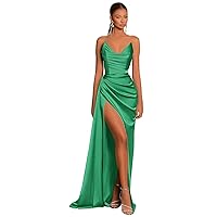Eightale Strapless Satin Prom Dresses Long Mermaid with Slit Ruched Tight Plus Size Bridesmaid Dress Bodycon V-Neck Elegant Formal Dress US26 Plus Hunter Green