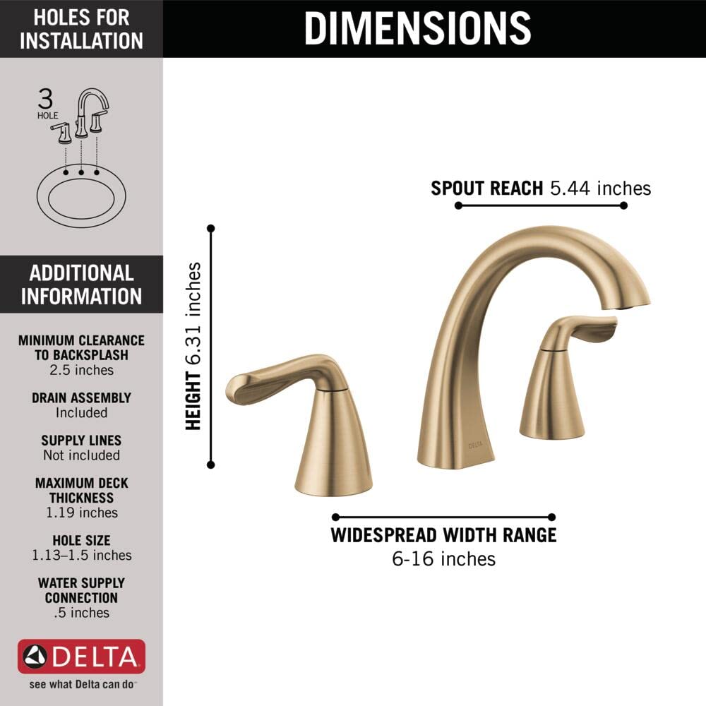 Delta Faucet Arvo Widespread Bathroom Faucet 3 Hole, Gold Bathroom Faucet, Bathroom Sink Faucet, Drain Assembly Included, Champagne Bronze 35840LF-CZ