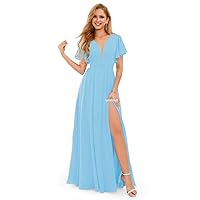 V Neck Ruffle Sleeve Bridesmaid Dresses for Wedding Long Slit Chiffon Formal Evening Gown for Women