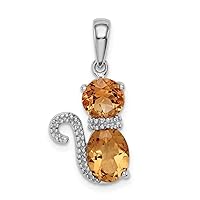 925 Sterling Silver Polished Open back Citrine and Diamond Cat Pendant Necklace Jewelry for Women