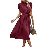 Women's Shorts Wedding Guest Dress Batwing Sleeve Belted Dress (Color : Burgundy, Size : X-Large)