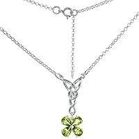 Sterling Silver Celtic 4-Leaf Clover Love Knot Necklace with 6X4 Pear cut Gemstones, 16-17 inch long