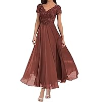 Plus Size Tea Length Mother Groom Dress with Sleeves Floral Lace V-Neck Rust Wedding Dresses for Bride, US 20w