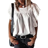 SHEWIN Women's Summer Tops Dressy Casual Crewneck Hollow Out Lace Embroidered Ruffle Short Sleeve Blouses Tshirts