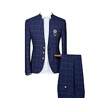 Mens Plaid Suits Coat Pant Designs Chinese Style Stand Collar Slim Fit Blue Groom Wedding Suit Formal Wear