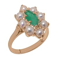 Solid 18k Rose Gold Natural Emerald & Cultured Pearl Womens Cluster Ring - Sizes 4 to 12 Available