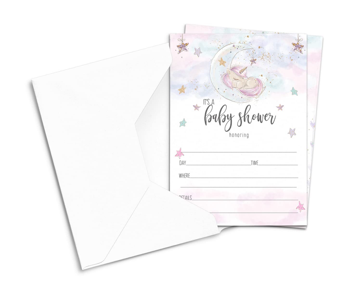 Unicorn Baby Shower Invitations Girls (25 Pack) Fill-In Invites for Pink Baby Shower, Gender Reveal, Sprinkle - Star and Moon Theme Rainbow - Blank Invitation with Envelopes 5x7 Printed Cards