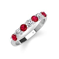 Round Ruby Lab Grown Diamond 1 1/8 ctw 7 Stone Women Wedding Band Stackable 14KGold