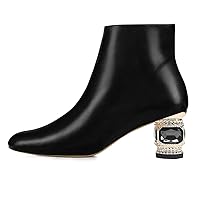 FSJ Women Round Toe Crystal Chunky Block Low Heel Ankle Boots Fashion Side Zipper Casual Walking Daily Ladies Shoes Size 4-15 US
