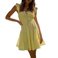 Womens Summer Spaghetti Strap Mini Dresses Sleeveless Tiered Ruched Boho Cami Dress Flowy Tie Back Beach Sundress