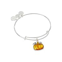 Alex and Ani Pumpkin Expandable Wire Bangle Bracelet, Shiny Silver Finish, Orange Pumpkin Charm, 2 to 3.5 in