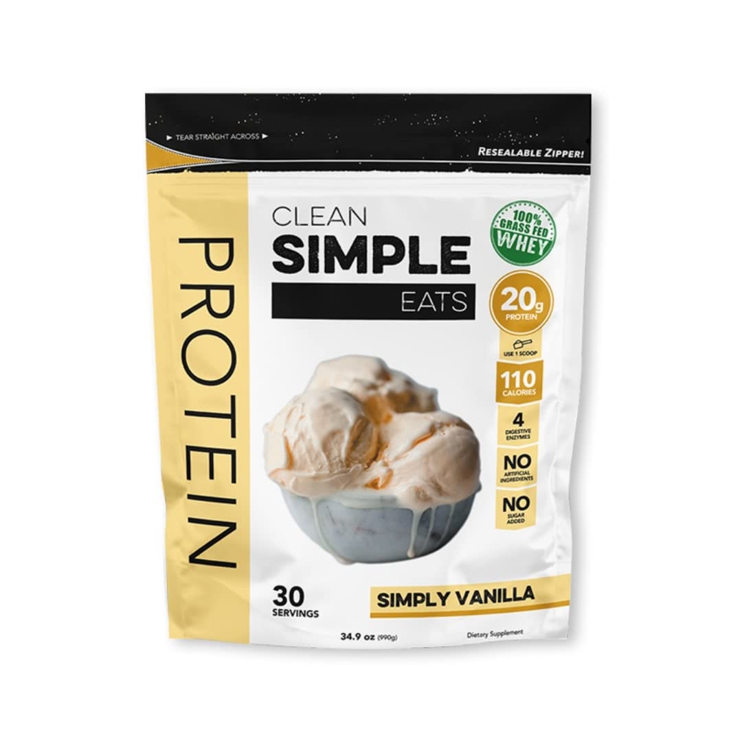Clean Simple Eats Simply Vanilla Whey Protein Powder, Natural Sweetened and Cold-Pressed Whey Protein Powder, 20 Grams of Protein, 30 Servings