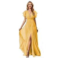 HUUTOE Ruffle Sleeves Bridesmaid Dresses for Wedding V Neck Chiffon Long Formal Dresses for Women Evening with Slit
