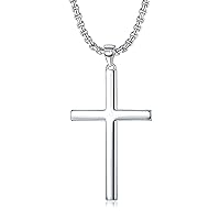 CASSIECA 925 Sterling Silver Cross Necklace Beveled Edge for Men Women with Strong Stainless Steel Box Chain Crucifix Pendant Necklace Jewelry 18-24 Inches