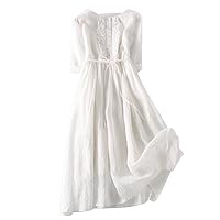 Women's Vintage Linen Dress Frill Trim Button Down 3/4 Sleeve Tie Waist Casual Midi Dresses Pleated Flowy Sundress