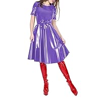 Office Lady O-Neck Glossy Solid Color Knee-Length PVC Dress Female Short Sleeve Elegant A-line Dress with Belt