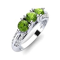 Sterling Silver 925 Peridot Round 4.00mm Three Stone Ring With Rhodium Plated | Beautiful Evergreen Three Stone Design Ring For Everyday Accessories