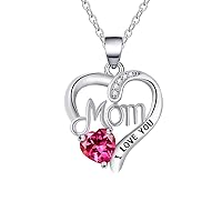 UEUC I LOVE YOU Mom Birth Stones Necklace, Silver Love Heart Pendant Necklace for Mom, Necklace Gift for Mother with 18''+2'' Chain
