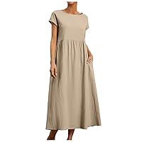 XJYIOEWT Spring Wedding Guest Dress,Crew Neck Dress for Women Casual Comfy Cotton Short Sleeve Tunic Beach Dresses with