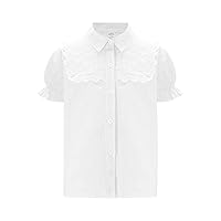 TiaoBug Kids Girls Collar Ruffle Puff Short Sleeve Button Down Shirts School Uniform Top Blouse Formal Dress Shirt