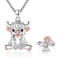 925 Sterling Silver Highland Cow Necklace and Ring set Adjustable Open Ring Cute Animal Cow Jewelry Gifts for Women Girls Graduation Gift