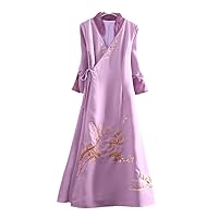 Spring Chinese Style Hanfu Dress Embroidery Floral V-Neck 3/4 Sleeves Retro Elegant Loose Belt Women Dress