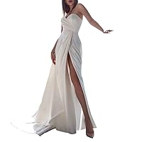 Long Slit Satin Pleated Prom Dresses with Pockets for Women