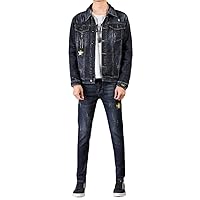 Mens Korean Style Denim Sets Spring Autumn Casual Stretch Denim Jackets High Street Solid Pants Two-Piece Suit
