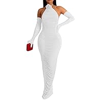 Womens Sexy Removable Sleeve Glove Halter Ruffles Lace Paneled Bodycon Party Clubwear Prom Dress