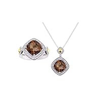Rylos Jewelry For Women Silver Exotic Cushion Step Cut Smoky Quartz & Diamond Matching Pendant & Ring Total 8 Carats Colorstones 12MM Birthstone Womens Jewelry Matching Friendship Jewelry